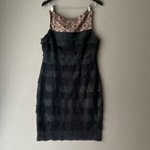 London Times Silk Lace MobWife Office Siren Tiered Cocktail Dress 14 Black